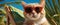 Cute cartoon funny cat wearing sunglasses, beach, palm trees animal day exotic
