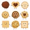 Cute cartoon funny cookies, bakery characters vector collection