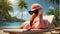 Cute cartoon funny flamingo, banner sunglasses beach, palm trees
