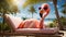 Cute cartoon funny flamingo, banner sunglasses beach, palm trees journey concept