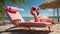 Cute cartoon funny flamingo, sunglasses beach, palm trees