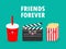 Cute cartoon funny Movie clapper and cola and popcorn, watching a movie, cinema, movies, friends forever Vector Illustration