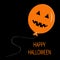 Cute cartoon funny orange balloon pumpkin with scary smile, eyes and teeth. Thread bow. Halloween card for kids. Flat design.