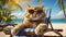Cute cartoon funny poster cat poster hawaii , beach, sunset tropic comic summertime