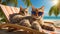 Cute cartoon funny poster cat poster sunglasses, beach, sunset tropic comic summertime