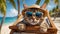 Cute cartoon funny summer cat design hawaii , beach, sunset tropic comic summertime