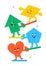 Cute cartoon geometric figures with different face emotions, heart, arrow, pentagon and parallelogram, funny poster idea