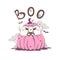 cute cartoon ghost hid in a pumpkin with a cat trying to scare. Halloween character illustration