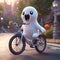 Cute cartoon ghost riding a bicycle in a city