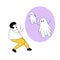 Cute cartoon ghosts scare a young man. Flat line vector on white background.