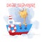 Cute cartoon giraffe on a ship steamer. Vector illustration
