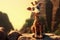 Cute Cartoon Giraffe With Very Big Eyes And A Pitying Look Against A Rock Ledge With A Magnificent View. Generative AI