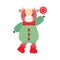 Cute cartoon girl baby bull with sweet lollipop. Funny ox in clothes, scarf, boots, winter jacket, bow, bell. Symbol