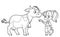 Cute cartoon girl with a bucket of milk feeds cow with hay outlined for coloring book on white