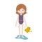Cute cartoon girl character in swimsuit, playing with watering can on the beach.