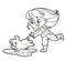 Cute cartoon girl chasing the piglet outlined for coloring page on white