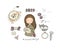 Cute cartoon girl embroiders a beautiful pattern. Sewing kit. isolated objects on white background. Vector