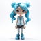 Cute Cartoon Girl Figurine With Blue Hair - Limited Color Range And Whirly Style