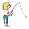 Cute cartoon girl fishing with rod. Vector isolated hand drawn character