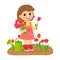 Cute cartoon girl with flower bouquet vector. Young farmer girl with tulip bouquet in the garden.