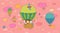 Cute cartoon girl and her friends are flying in a balloon. Little princess, chicken, cat and puppy