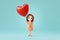 Cute cartoon girl holding heart shape balloon. Valentine\\\'s day or mother\\\'s day celebration concept. 3D render