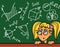 Cute cartoon girl and math and geometry formulas and problems on chalkboard. Education vector illustration.