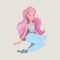 Cute cartoon girl with pink hair like barbie, vector illustration