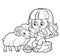 Cute cartoon girl sitting on hay and feeds the ram with cabbage leaves outlined on white