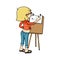 Cute cartoon girl sketching with easel and sketchbook. Vector isolated hand drawn character