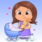 Cute cartoon girl with toy, pram stroller, milk bottle, babies dummy.