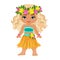 Cute cartoon girl in traditional Hawaiian dancer costume.