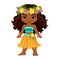 Cute cartoon girl in traditional Hawaiian dancer costume.