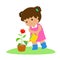 Cute cartoon girl watering plant .