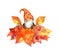 Cute cartoon gnome on bunch of autumn leaves. Design for season card. Fantasy scandinavian dwarf with leaf. Watercolor