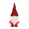 Cute cartoon gnome for Christmas or Valentines Day with red buffalo plaid hat. Scandinavian Nordic Character. Vector template for