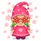 Cute cartoon gnome girl in pink clothes holding two red flowers