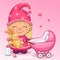 Cute cartoon gnome girl with toy, pram stroller, milk bottle and babies dummy.