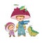 Cute cartoon gnome mushroom, his friend and caterpillar. Cheerful garden elves. Boys in carnival costumes. Vector