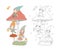 Cute cartoon gnomes sleep on mushrooms. Little wood elves. Cheerful boys in caps. Illustration for coloring books. Monochrome and