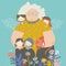 Cute cartoon grandmother hugging their grandchildren in flowers