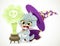 Cute cartoon gray kitten dressed as a wizard scared from the explosion of a potion in a cauldron isolated on a white