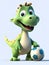 Cute cartoon green dinosaur is playing with a soccer ball. AI Generated