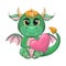 Cute cartoon green dragon with a heart, declaration of love, Valentines day. Symbol of 2024 according to the Chinese