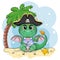 Cute cartoon green dragon pirate in a cocked hat. Symbol of 2024 according to the Chinese calendar.