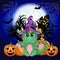 Cute cartoon green dragon in a purple magic hat, Halloween. Pumpkin, potion, broom. Symbol of 2024 according to the