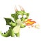 Cute cartoon green Dragon roasts marshmallows on his fire