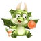 Cute cartoon green Dragon sit and examines Christmas decorations