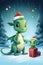 Cute cartoon green dragons wearing a Santa hat. New Year animal illustration. Christmas card.