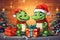 Cute cartoon green dragons wearing a Santa hat. New Year animal illustration. Christmas card.